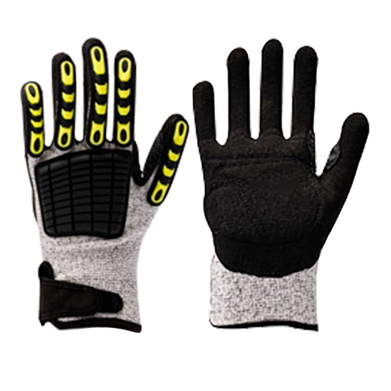 13G HPPE/glass fiber liner with sandy nitrile coating，sewing PVC on back and EVA on palm,reinforcement at the thumb crotch