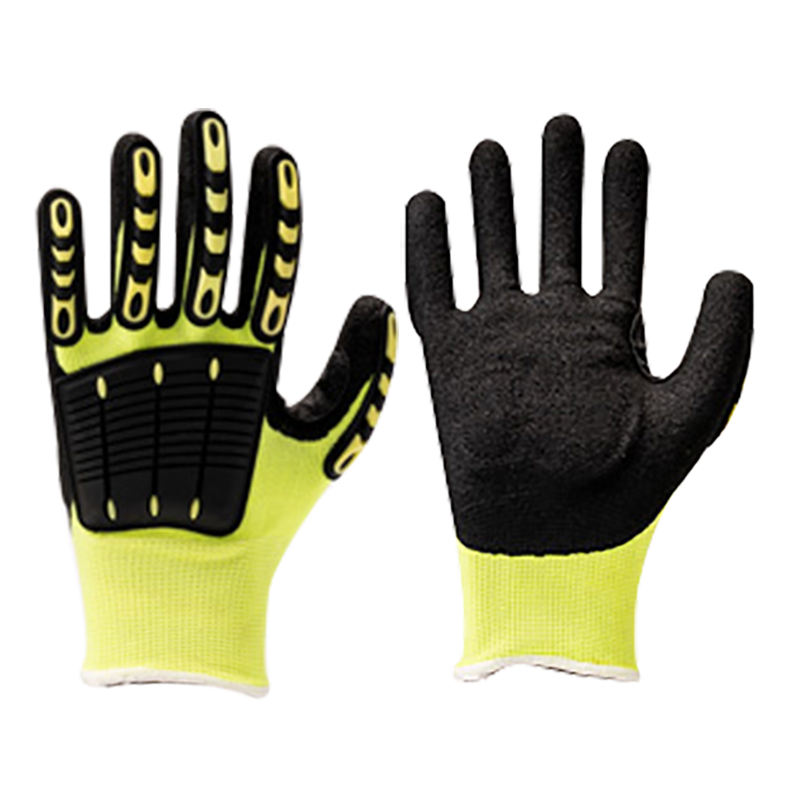 13G HPPE/glass fiber liner with sandy nitrile coating，sewing PVC on back and EVA on palm,reinforcement at the thumb crotch