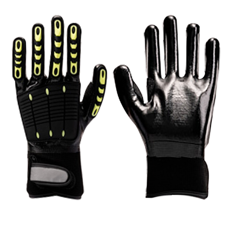 13G polester fiber liner with nitrile full coating， sewing PVC on back , velcro on the knitting wrist